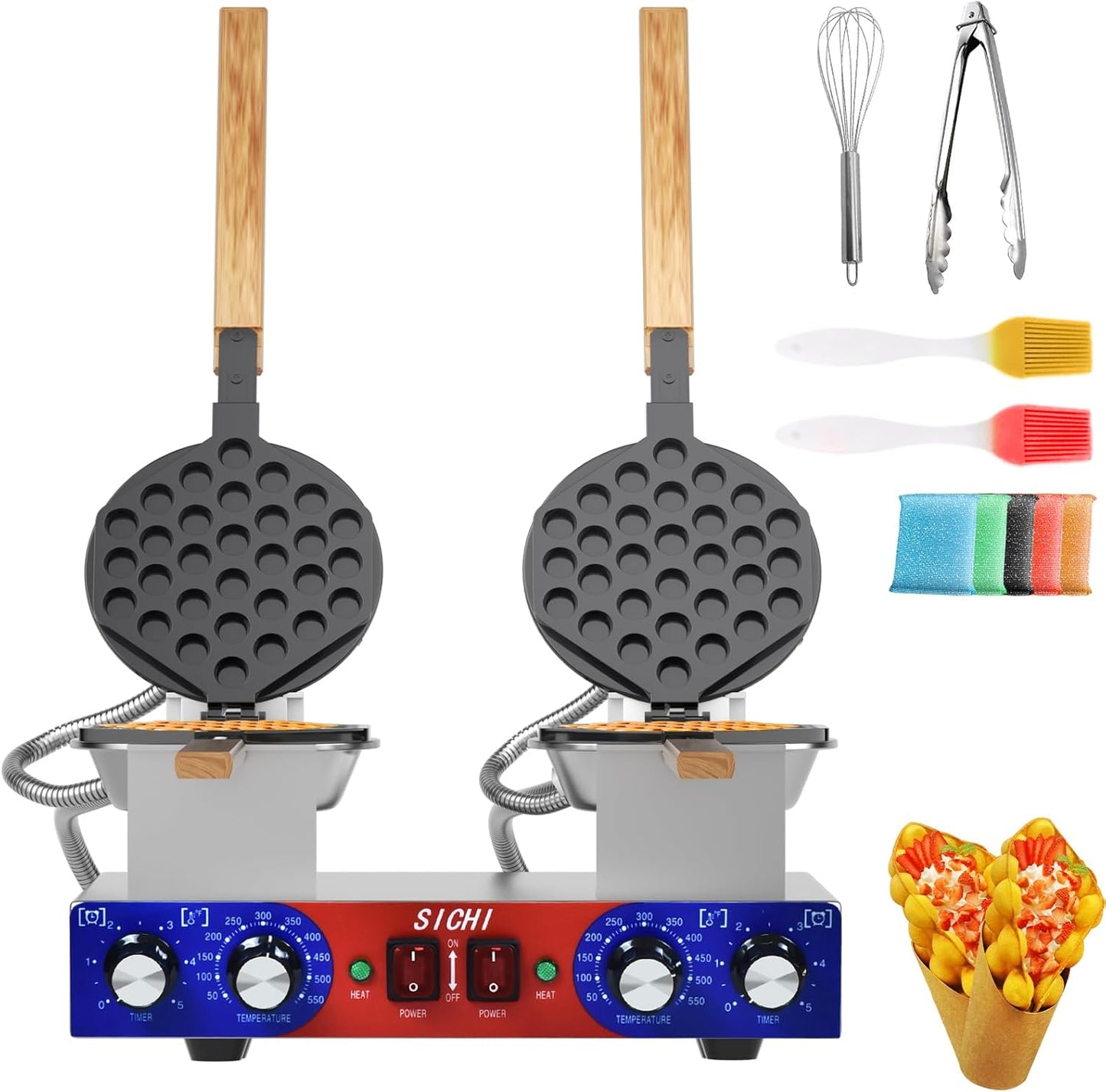 Bubble Waffle Maker - Commercial Egg Waffle Maker w/Two Non-stick Baking Pans, Temperature and Timers, 2800W Professional Bubble Waffle Machine for Double Baking, Hong Kong Egg Waffle Iron