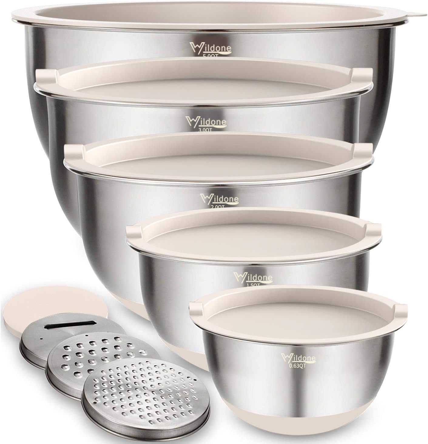 Wildone Mixing Bowls with Airtight Lids Set, 5PCS Stainless Steel Khaki Nesting Bowls for Kitchen, with Grater Attachments & Non-Slip Bottoms, Size 5, 3, 2, 1.5, 0.63 QT, Great for Mixing & Serving
