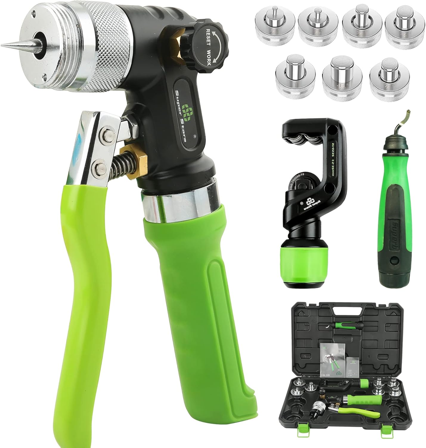 Super Stars Hydraulic Copper Pipe Tube Expander HVAC Swaging Tool Kit, with Tube Cutter, Deburring Tool and 7 Expander Heads for 3/8 to 1-1/8 Inches Copper Pipes