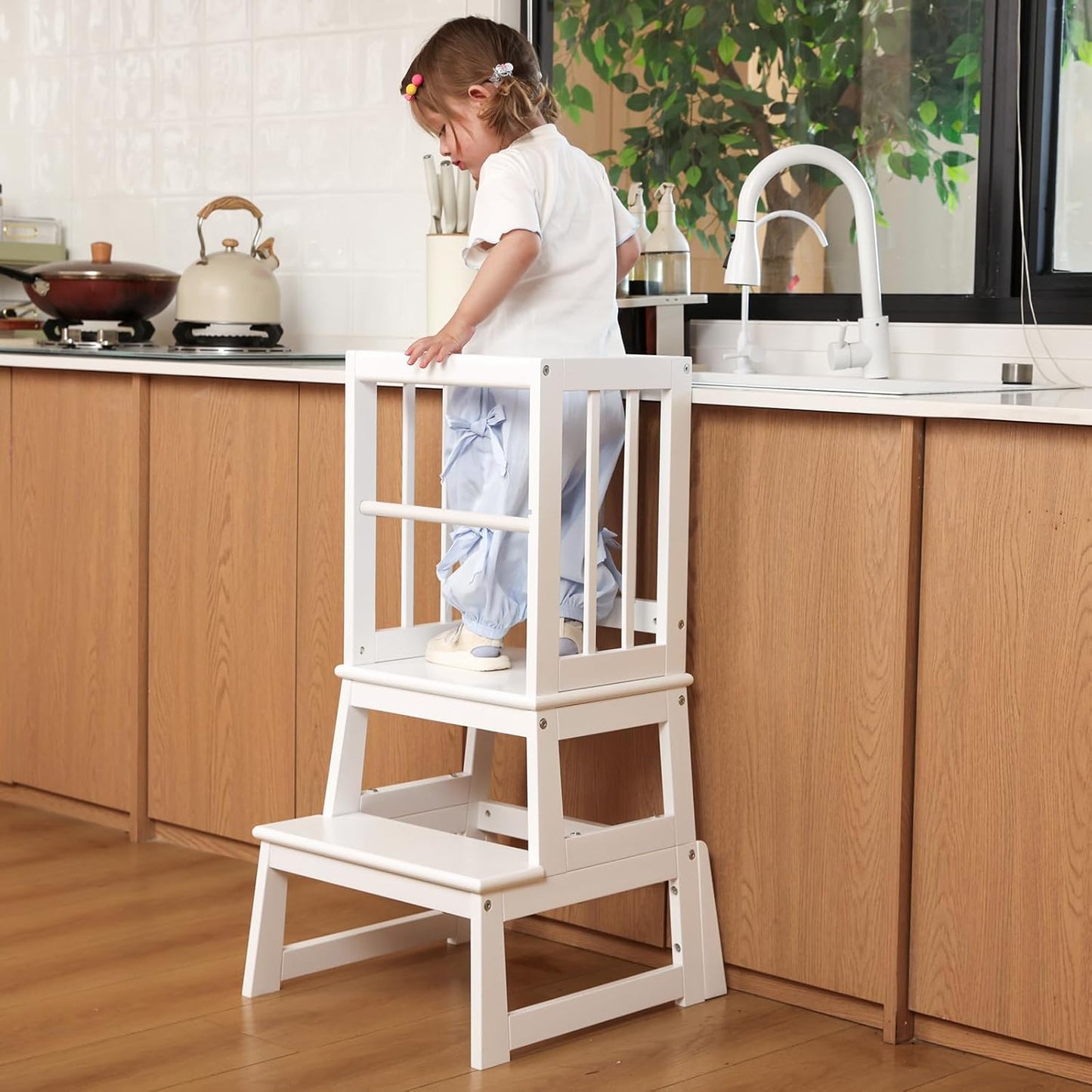 Kids Kitchen Step Stool, Ideal Toddler Learning Standing Tower, 2025 New Upgrade with an Anti-tip Structure and Anti-Drop Safety Bar, More Stable and Safer - White