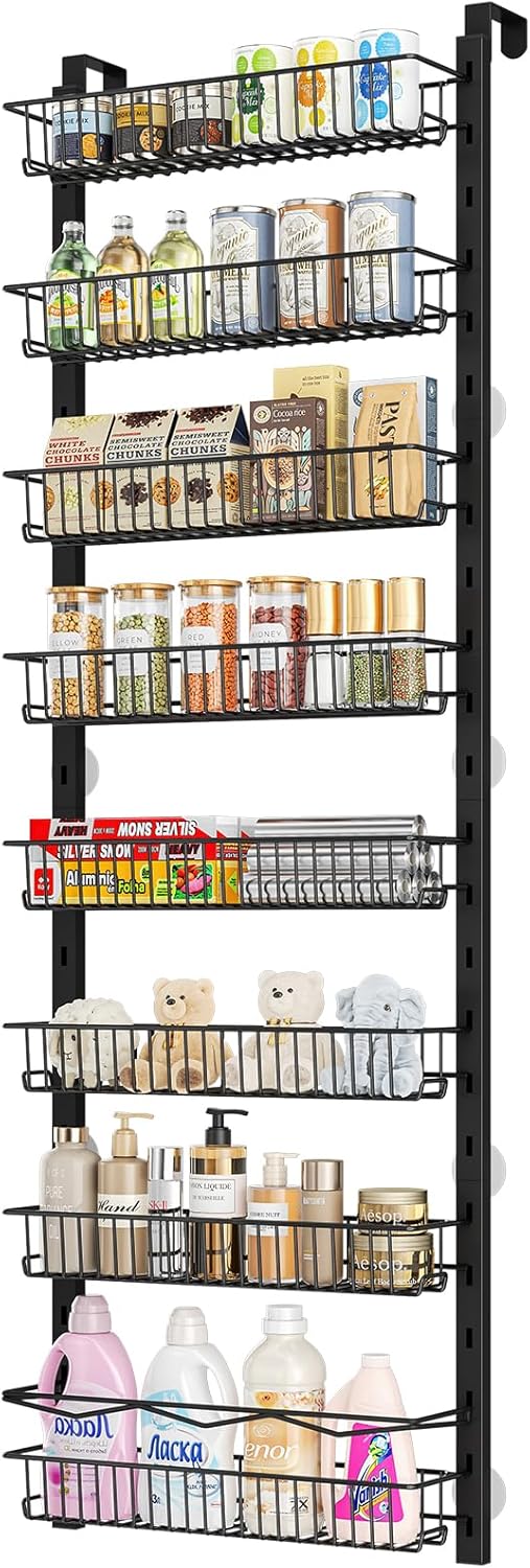 MIAOLI Over the Door Pantry Organizer, 8-Tier Adjustable Spice Rack Cabinet Door Shelves, Hanging Seasoning Organizer for Kitchen Bathroom, Laundry Room Organization, Black