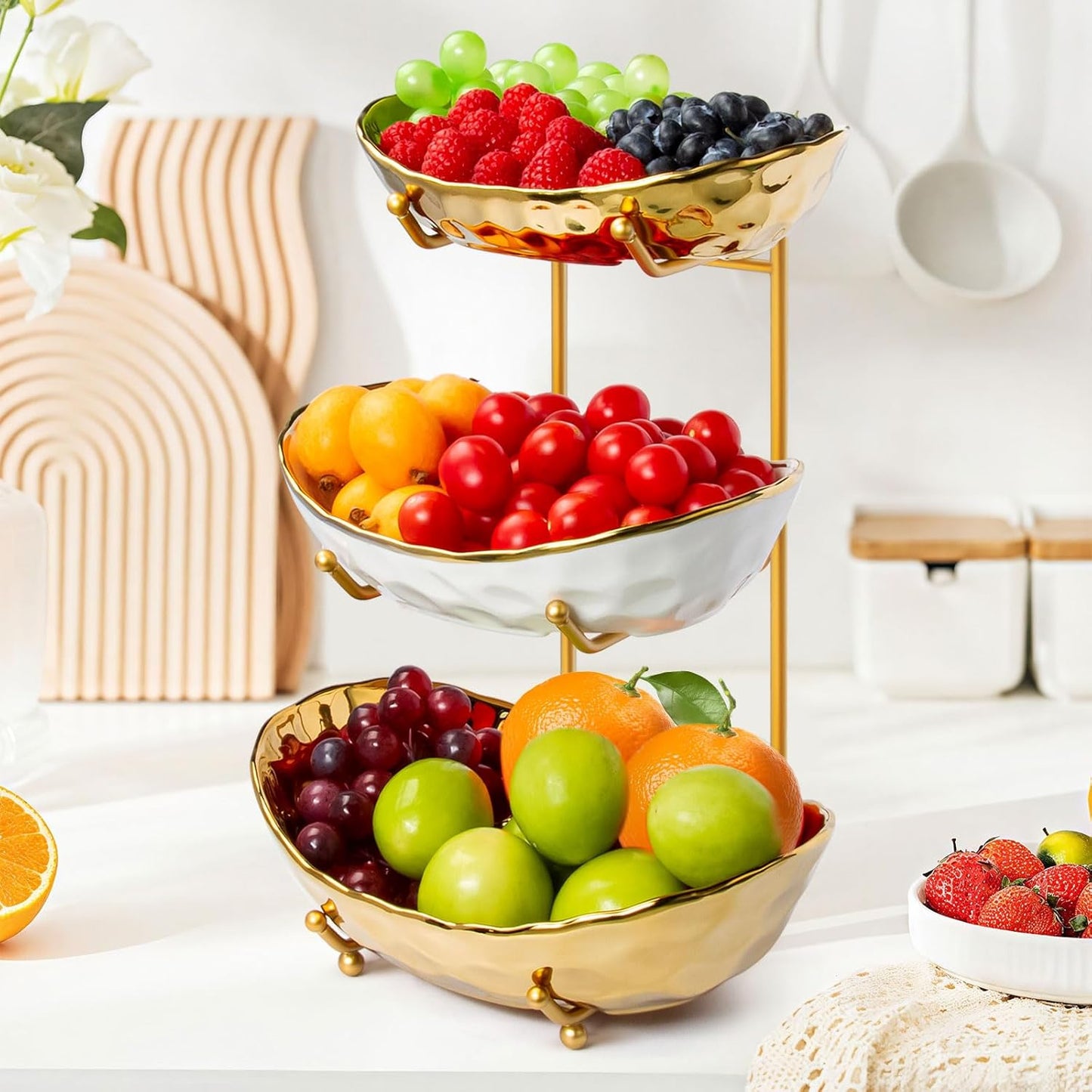 OdoVow Ceramic Fruit Bowl for Kitchen Counter, 3 Tier Fruit Basket with Metal Stand, Tiered Fruit Rack for Countertop, Modern Multi Serving Bowl for Party Dessert, Vegetable, Snack, Small & Cute(Gold)