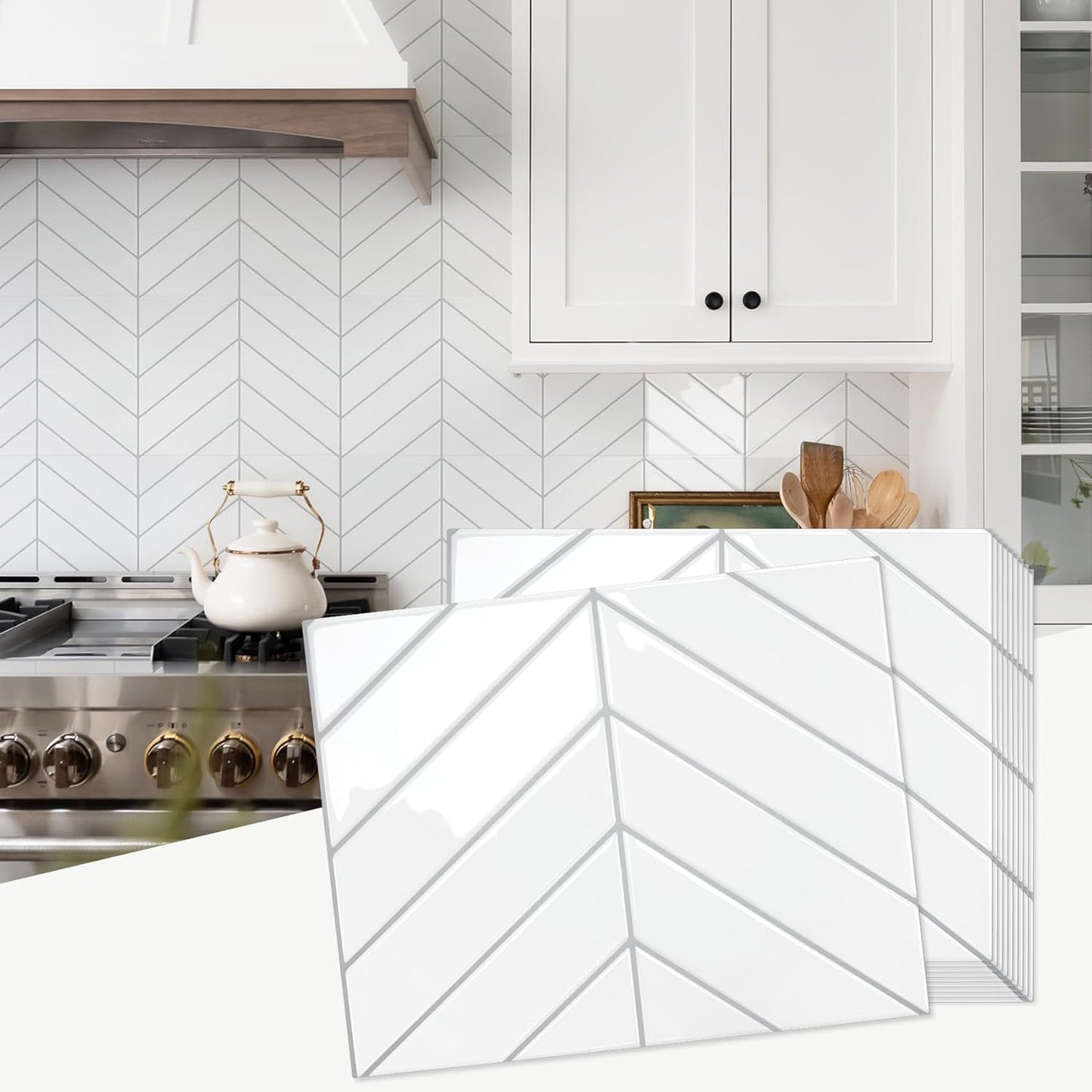 STICKGOO 10 Sheets Thicker Herringbone Peel and Stick Backsplash, 12.6\u201D×9.7\u201D Stick on Wall Tiles, Self Adhesive Tile Sticker for Kitchen Backsplash and Bathroom, White with Grey Grout