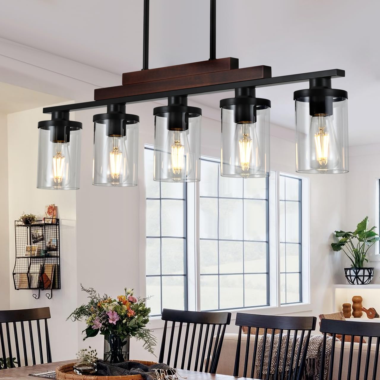 Dining Room Light Fixture\/Chandelier Over Table,5-Light Kitchen Island Lighting Hanging for Farmhouse Linear Chandeliers Matte Black Rustic Wood Ceiling Pendant Light Fixtures with Clear Glass Shade