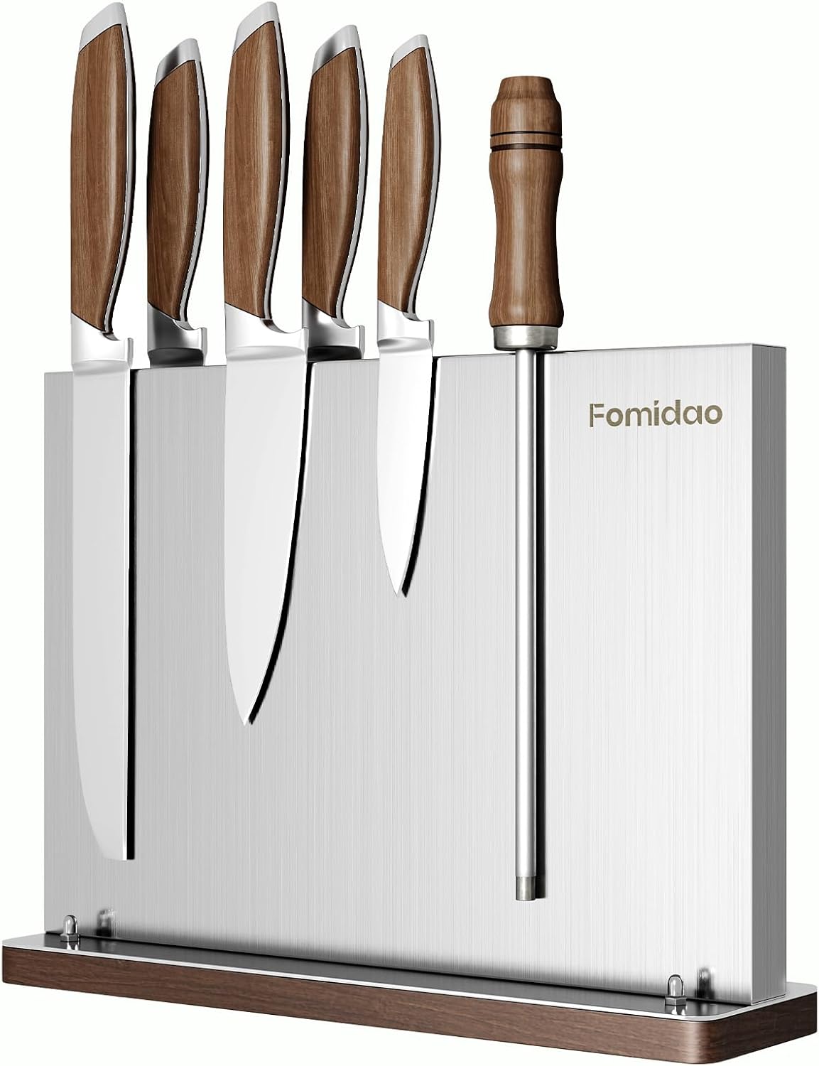 Fomidao Magnetic Knife Block,Stainless Steel Magnetic Knife Holder Rack for Kitchen Counter,Strong Double Sided Magnet Knife Storage Stand with Wood Base