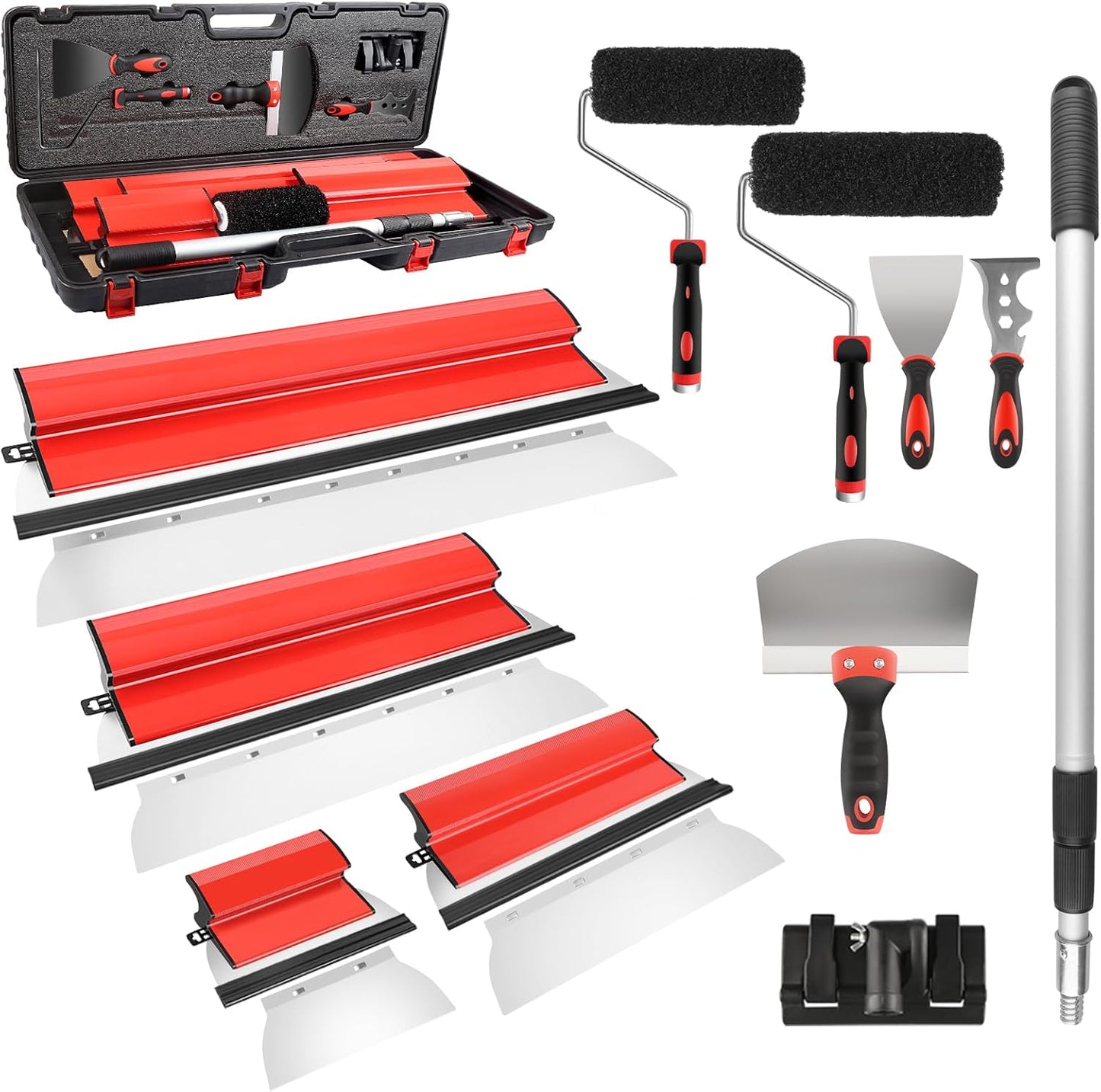 suokoun Drywall Skimming Blade Set with Portable Case, 10\u201D+16\u201D+24\u201D+32\u201D Skimming Blades, 7\u201D+9\u201D Drywall Compound Rollers, a Extension Handle and Three Drywall Tools for Drywall\/Plaster\/Wallboard