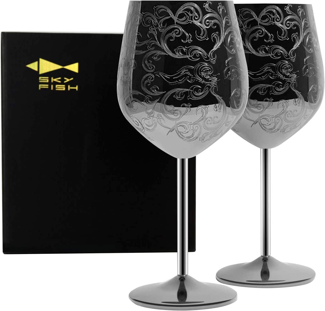 Sky Fish Stainless Steel Wine Glasses With Black Plated,etched with intricate and authentic baroque engravings,Royal style wine goblets,Set of 2(17oz)