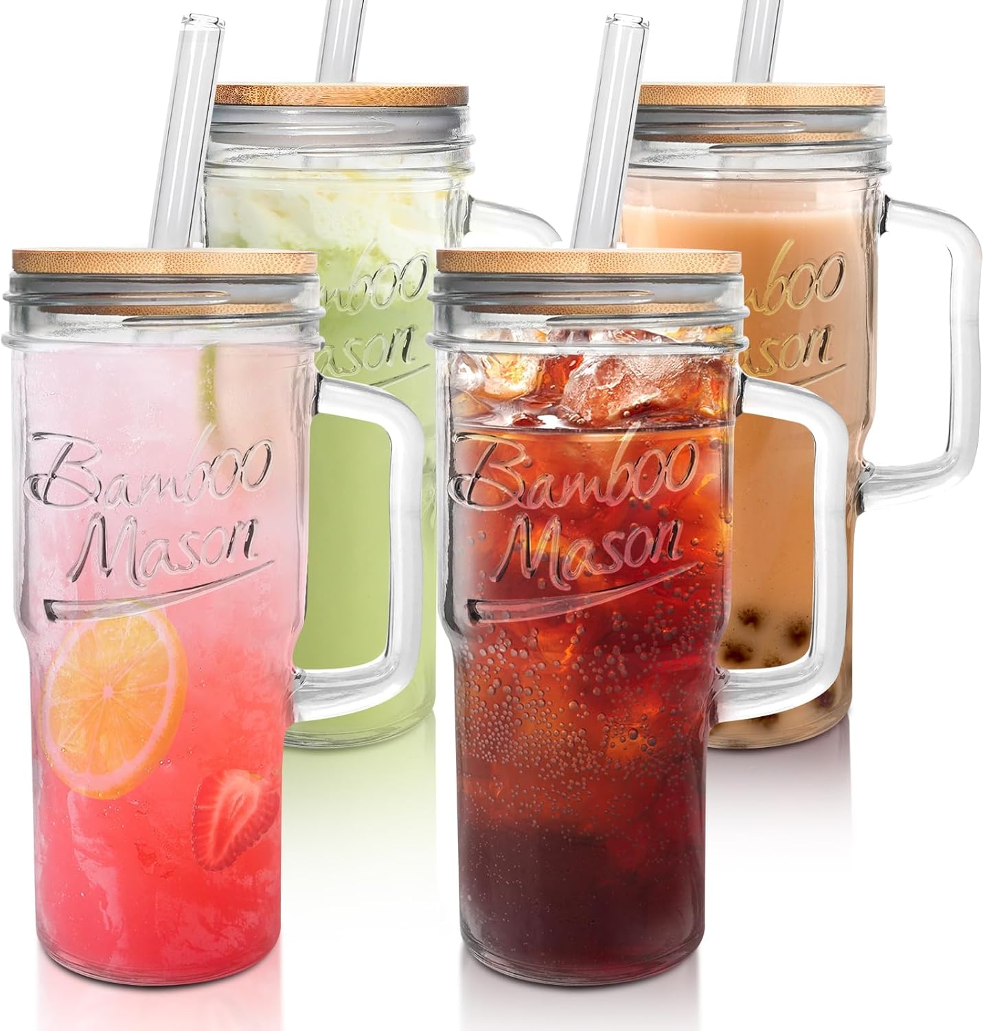 ANOTION Glass Cups with Lids and Straws - 24 oz Tumbler with Handle Halloween Coffee Cups Glass Straws Mason Jar Cups Drinking Set Kitchen Essentials Coffee Bar House Warming Gifts New Home