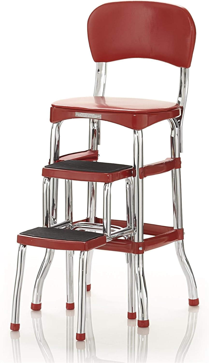 COSCO Stylaire Retro Chair + 2-Step Step Stool with Pull-Out Steps, 7 Ft. 11in Max Reach, 200 lb Weight Capacity, Steel and Vinyl (Red, one pack)