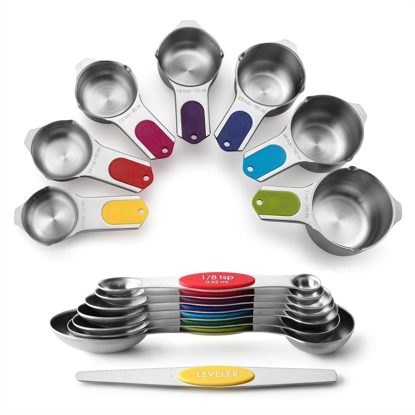 Spring Chef Magnetic Measuring Cups & Spoons Set, Patented, Strong N45 Magnets, Heavy Duty Stainless Steel Fits in Spice Jars for Baking & Cooking, BPA Free, Set of 15 with Leveler, Multicolor