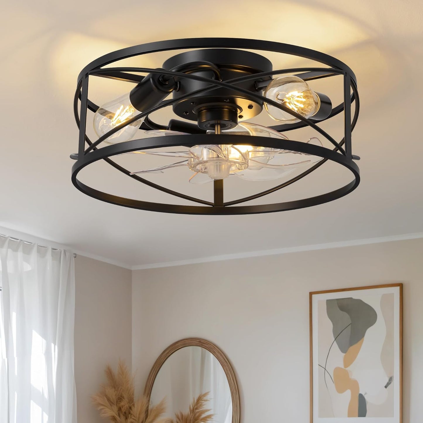 KDG 15.8\u2033 Retro Low Profile LED Ceiling Fans with Light, Reversible Ceiling Fans Flush Mount with Remote and 6 Speeds, E26 Base Buld for Bedroom, Dinning Room, Kids Room, Kitchen