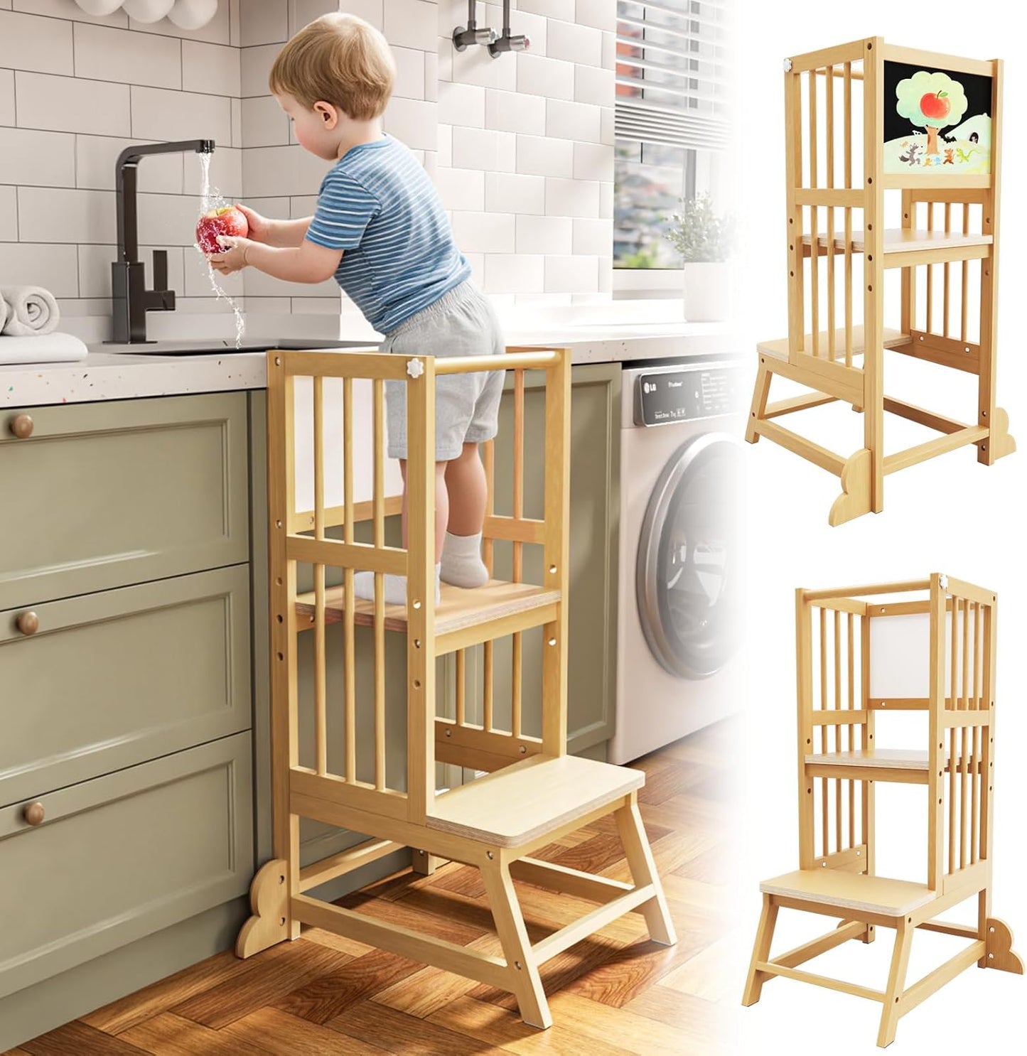 Toddler Tower, Kids Kitchen Step Stool with Safety Rails, Toddler Standing Tower Adjustable Height, Wooden Kitchen Stool for Kids, for Living Room Countertops and Bathroom Sinks(Natural)