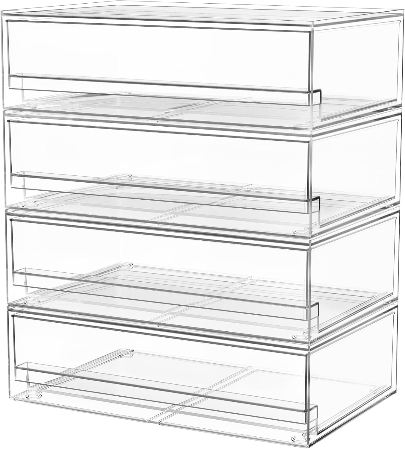 A-LuGei 【𝟰𝗣𝗖𝗦】 Acrylic Stackable Storage Drawers, 11.8" W Makeup Organizer, Bathroom Organizer and Storage, Plastic Storage Bins for Kitchen Cabinet Pantry Medicine Fridge