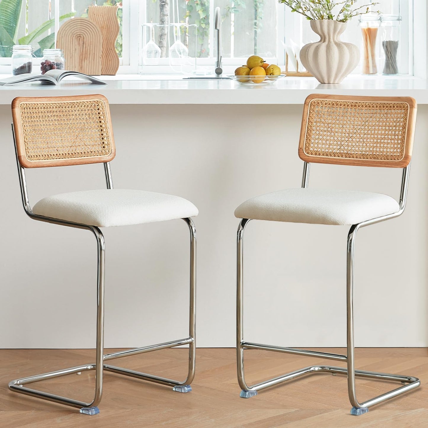 GrandNoor Natural Rattan Counter Height Stools Set of 2 with Solid Wood Back, 24 Inch Mid Century Modern Cesca Bar Stools, White Upholstery Boho Stool for Kitchen Counter with Chrome Metal Legs
