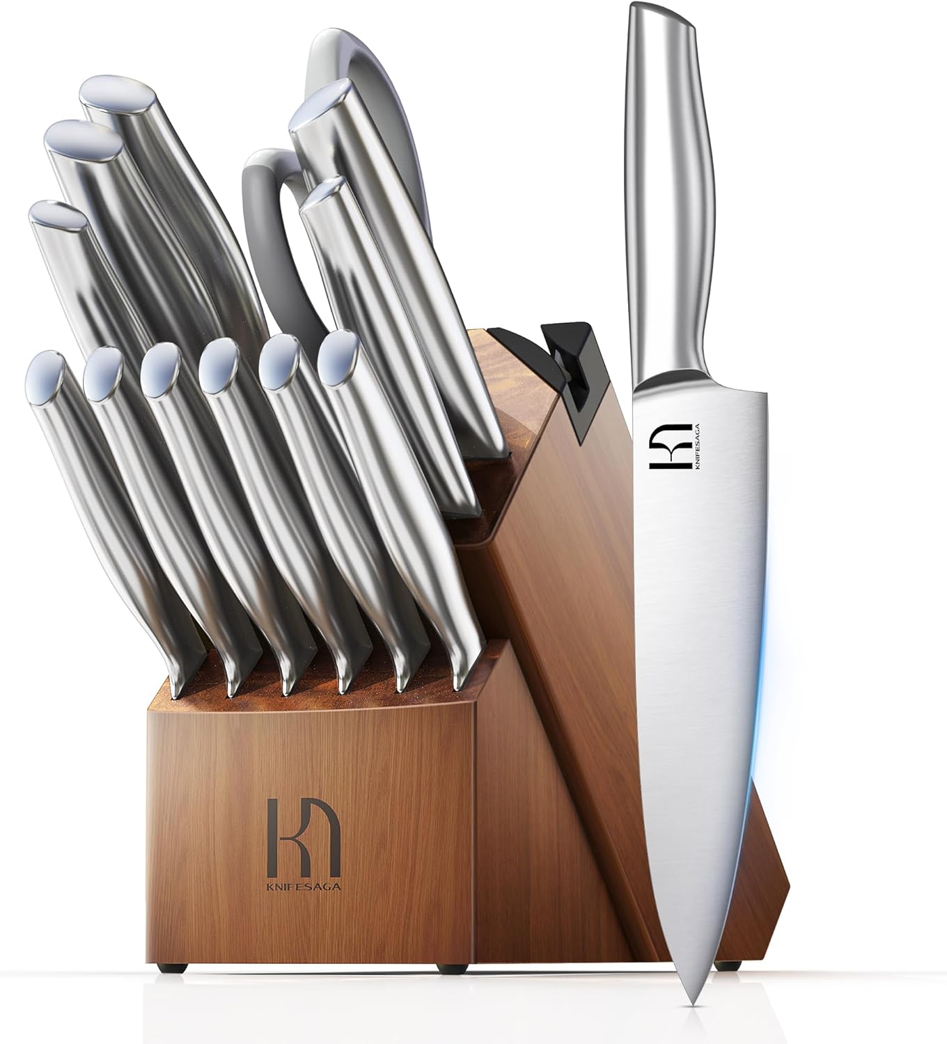 KnifeSaga Kitchen Knife Set 14 Piece Premium Japanese High Carbon Stainless Steel Knife Block Sets with Built-in Sharpener, Razor Sharp Knives Set for Kitchen, Quality Acacia Wood Block Knife Set
