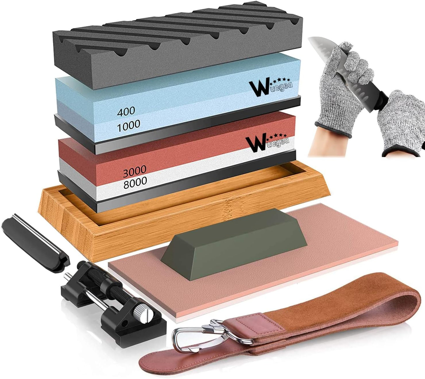 Knife Sharpening Stone Kit \u2013 400\/1000 3000\/8000 Grit Wet Kitchen Whetstone Knife Sharpener Set with Non-slip Bamboo Rubber Base, Angle Guide, Flattening, Leather Strop and Cut Resistant Gloves