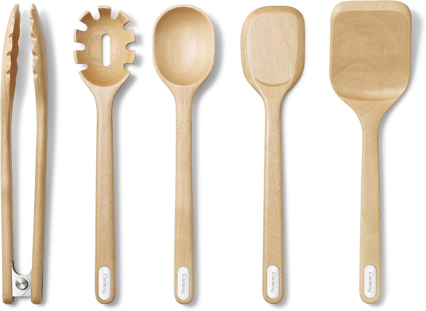 Caraway Wooden Utensil Set - 5 Piece Cooking Utensil Set - Spoon, Server, Scraper, Spatula, & Tongs - Made From FSC-Certified Birch Wood - No Microplastics