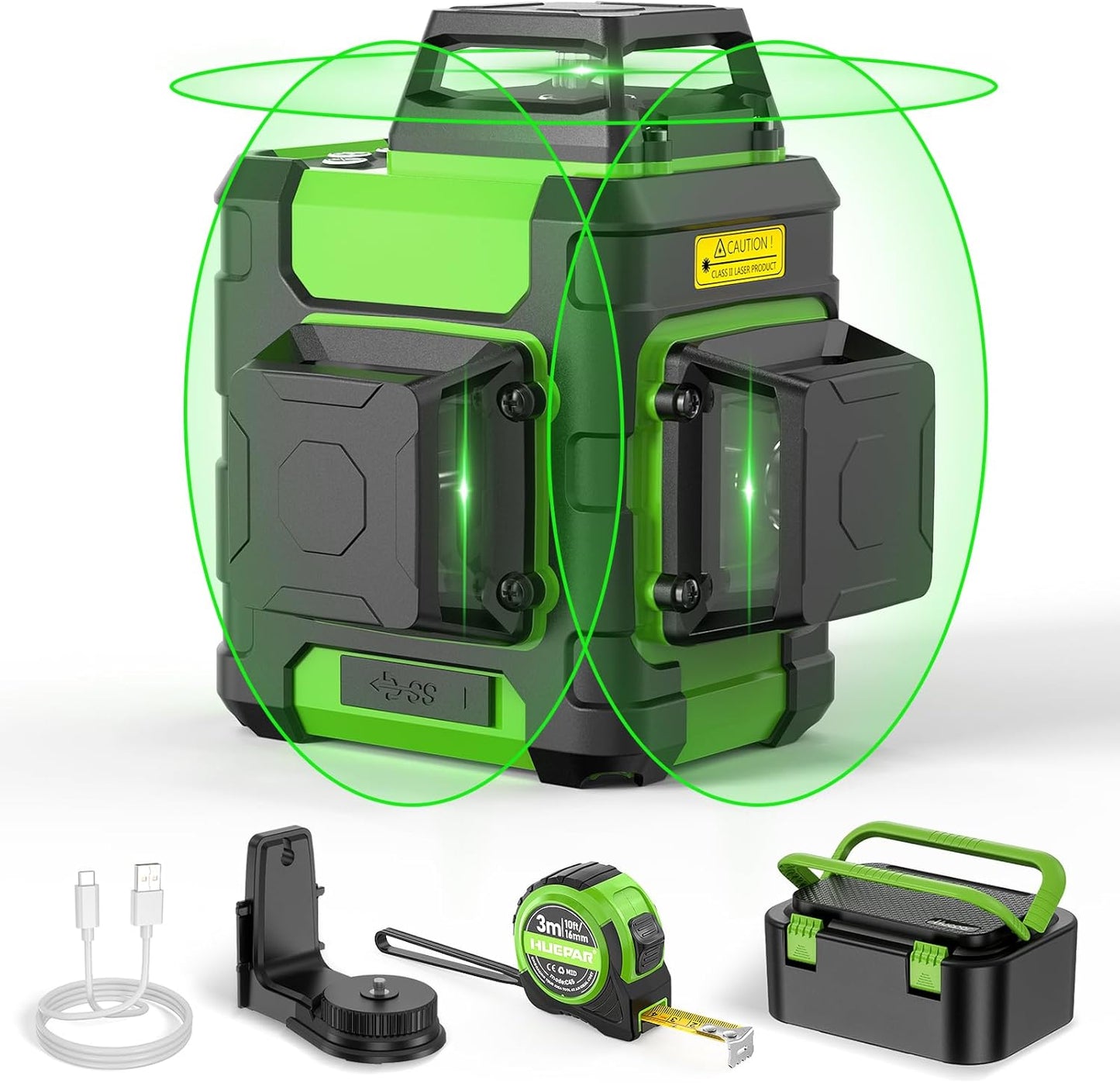 Huepar Laser Level 3 x 360 Self Leveling Laser Level Tool 3D Cross Line Leveling and Alignment Laser Tool, Li-ion Battery with USB-C Charging Port & Hard Carry Case & Tape Measure Included - HM03CGTP