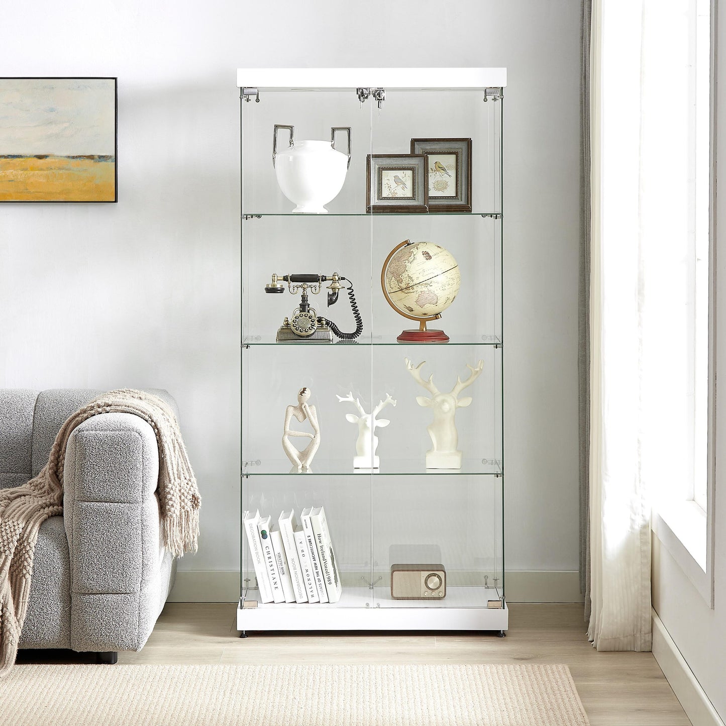 Dexmalle 4 tier white glass display cabinet