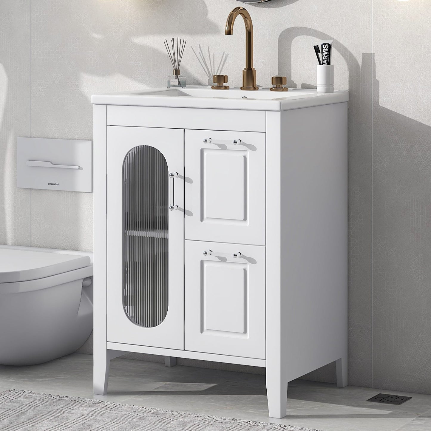 ModernLuxe 24inch Bathroom Vanity with Sink Bathroom Vanity Cabinet with Two Drawers and Door Adjustable Shelf Solid Wood and MDF White
