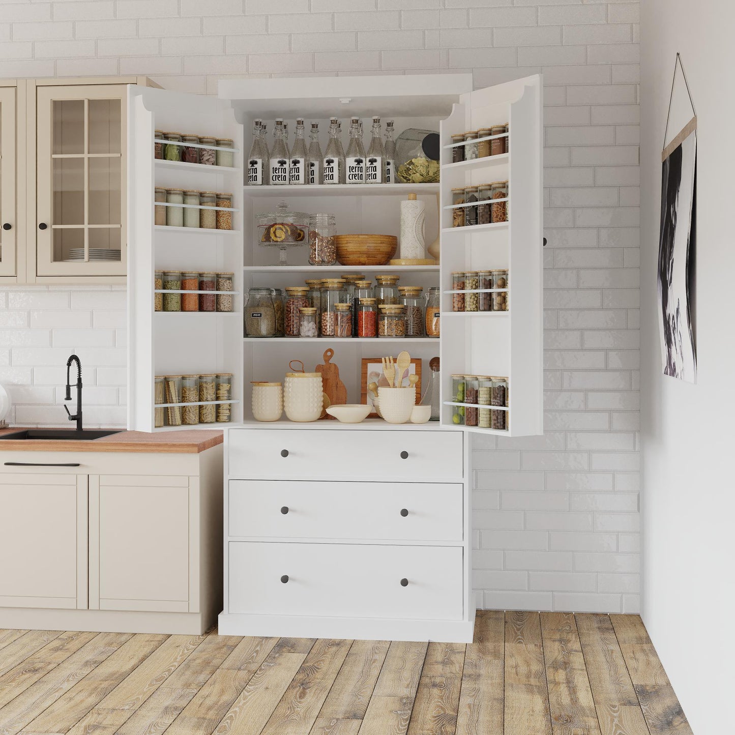 Tatayosi Wooden 77 in Farmhouse Kitchen Pantry with 3 Adjustable Shelves 8 Door Shelves 3 Drawers White