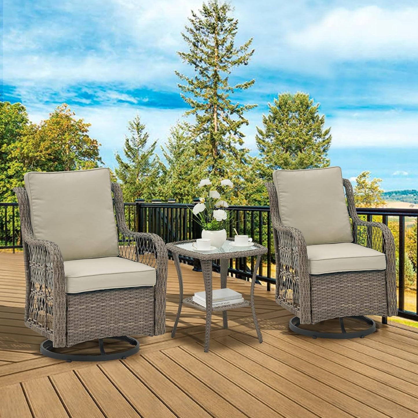 Qeetex 3 Piece Outdoor Patio Set Wicker Rocking Bistro Set with 2 Swivel Chairs and Tempered Glass Top Table Rattan Outdoor Furniture with Cushions for Patio Porch Backyard