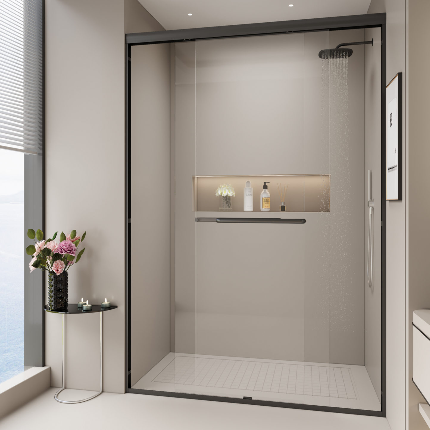 LOVMOR 44-48in W x 72in H Double Sliding Shower Door Semi-frameless Bypass Bathroom Sliding Door with 1/4-in (6mm) Tempered Glass for Walk-in Shower Matte Black