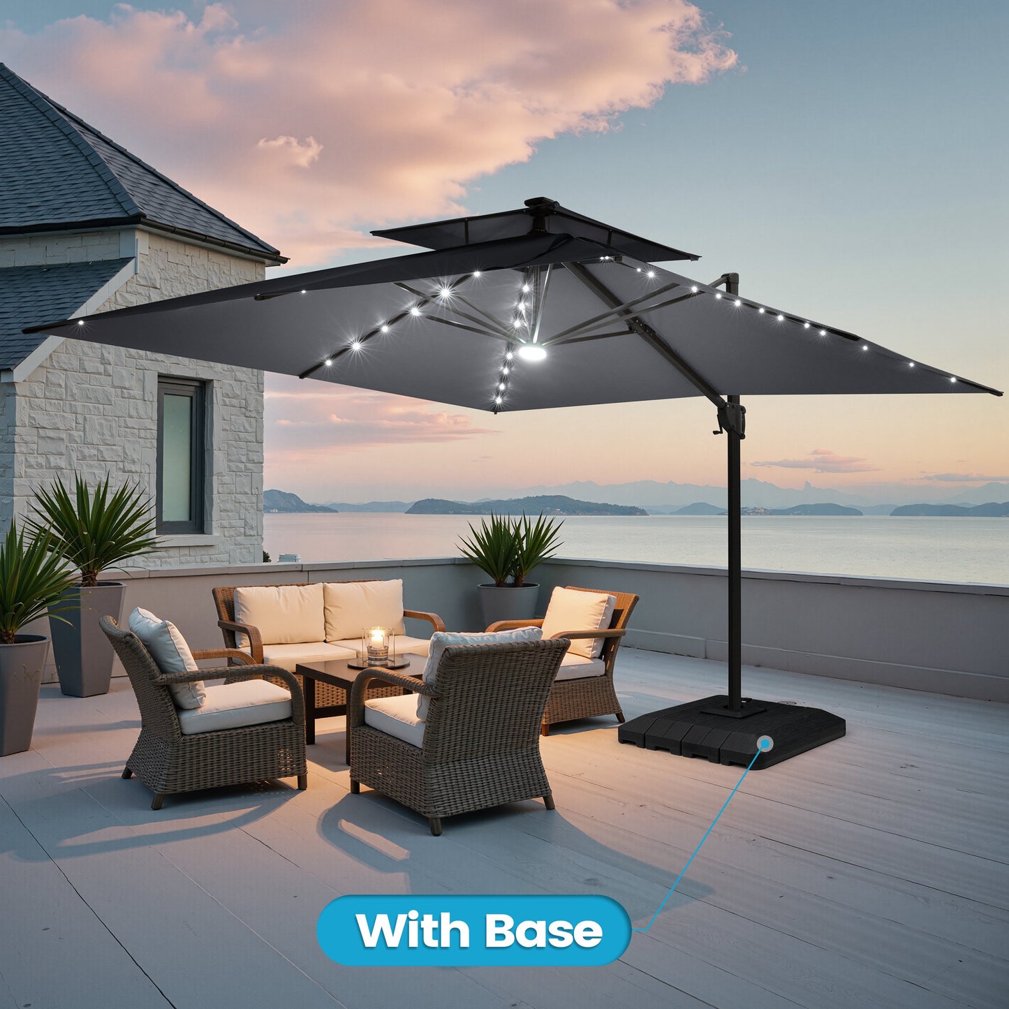 Crestlive Products 11-ft Aluminum Dark gray Crank Cantilever Patio Umbrella with Lights with Base