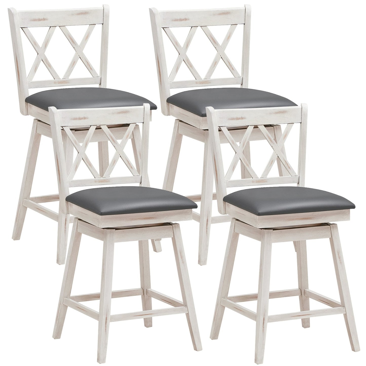 Costway Set of 4 Barstools Swivel Counter Height Chairs with Rubber Wood Legs Antique White