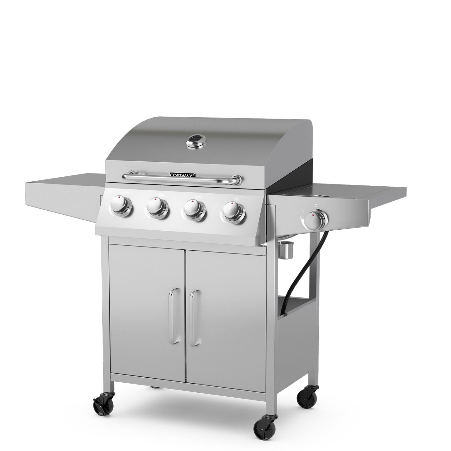 Slickblue 4-Burner Propane Gas Grill with Side Burner and 2 Prep Tables – 516 sq. in Silver Portable for Backyard and Outdoor