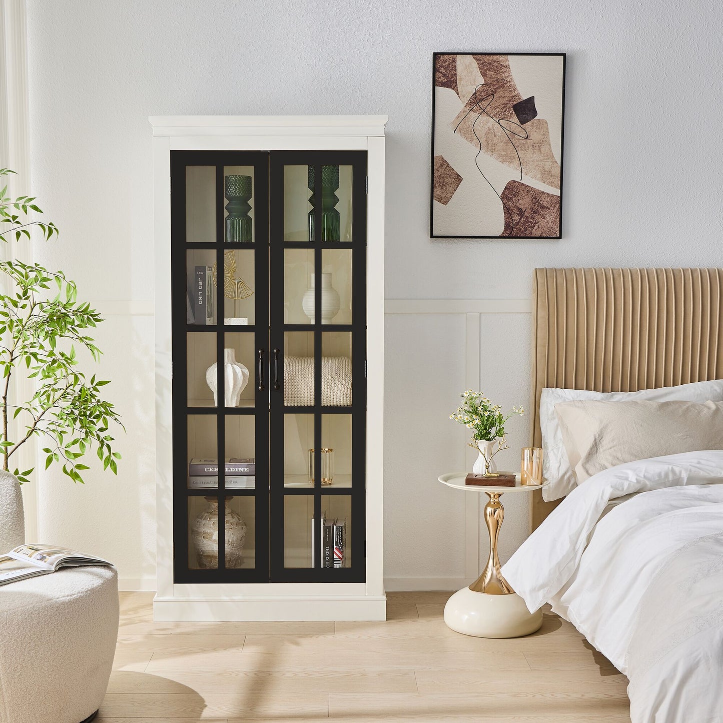 LOVMOR 71.2'' Freestanding Pantry Cabinet with Glass Door Farmhouse Display Cabinets with Storage White and Balck