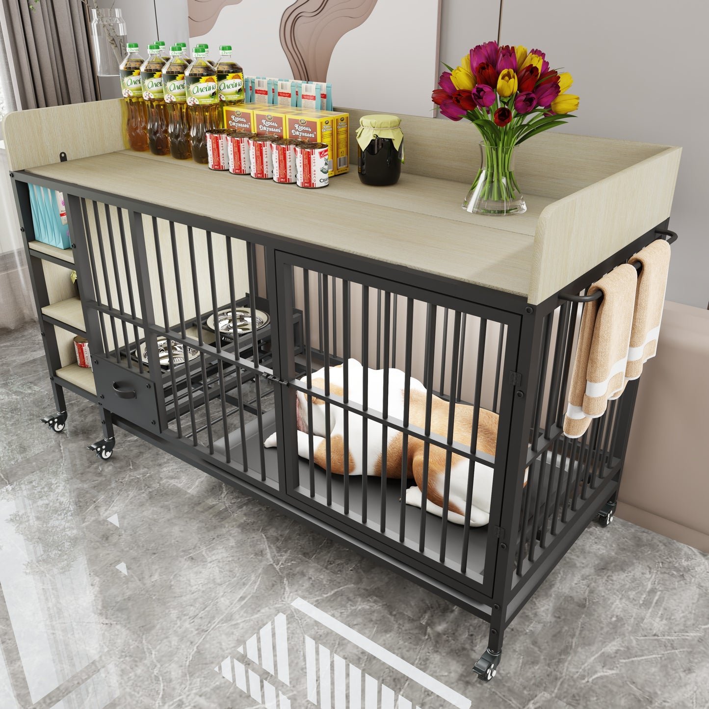 LOVMOR Large pet cage with storage rack drawers with stainless steel food and water basin made of iron frame and MDF material