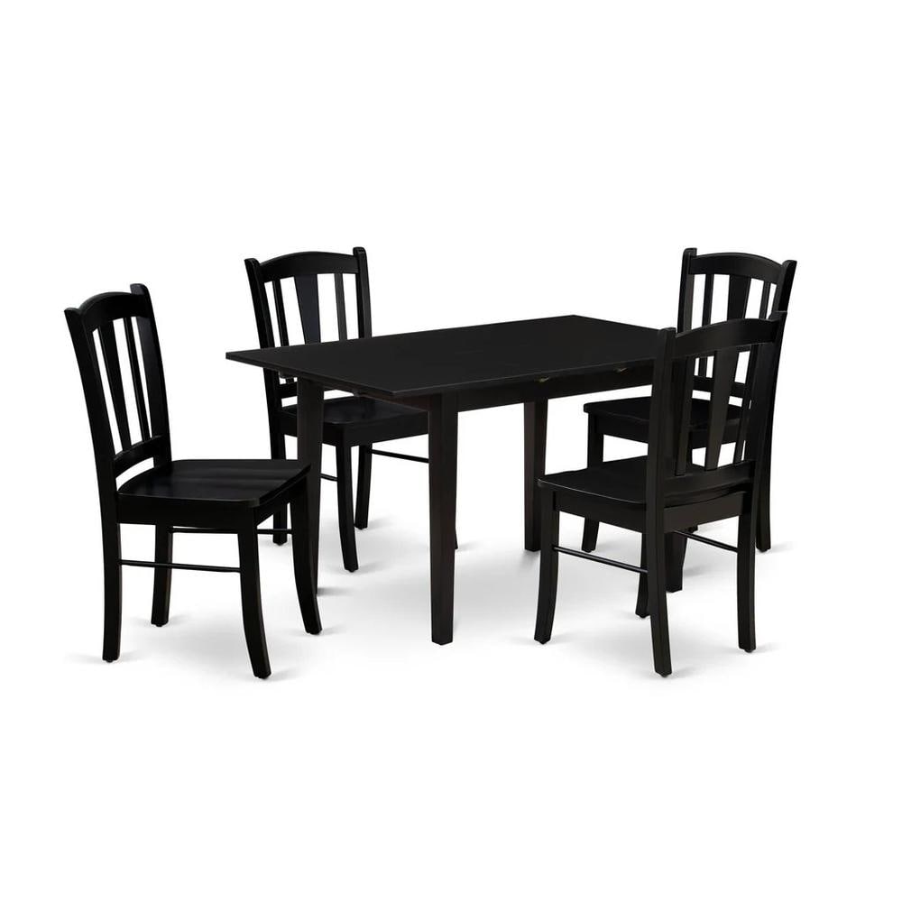 East West Furniture 5 Piece Kitchen Table Set 4 Wood Chair with Wooden Seat and Slatted Chair Back Butterfly Leaf Rectangular Dining Table Black Finish