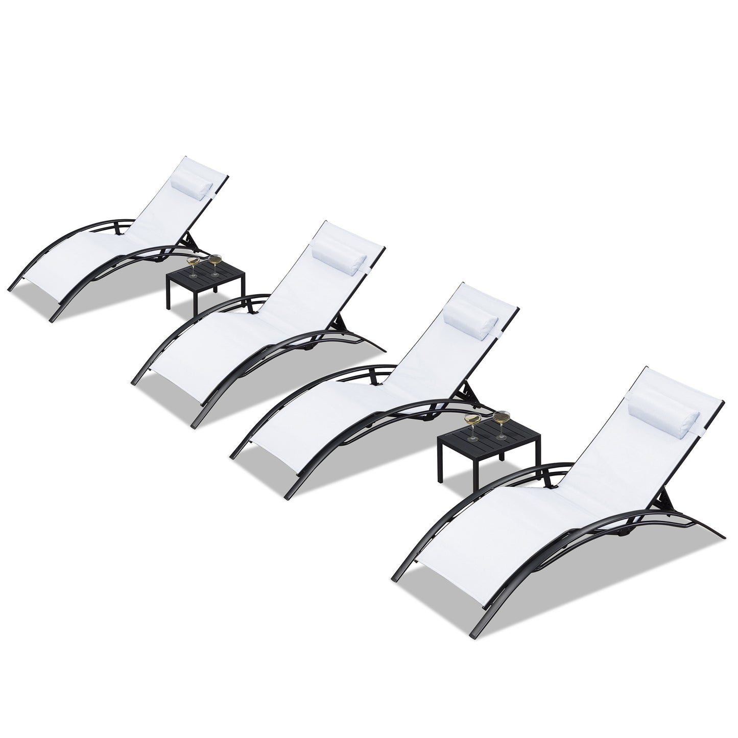 PURPLE LEAF Streamlined Stackable Adjustable Chaise lounge With Table Set of 4 Stackable Standard Aluminum Frame Stationary Chaise Lounge Chair with White Cushioned Seat