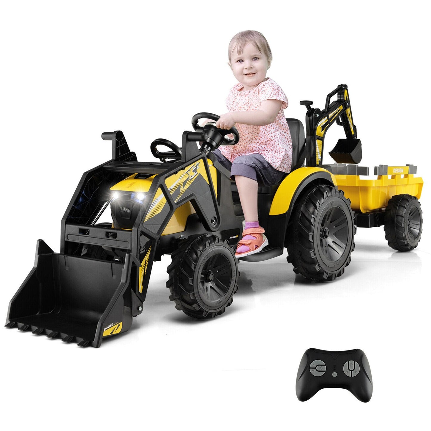 Costway 3-in-1 Kids Ride On Excavator Bulldozer 12V Electric Tractor Remote with Trailer Yellow