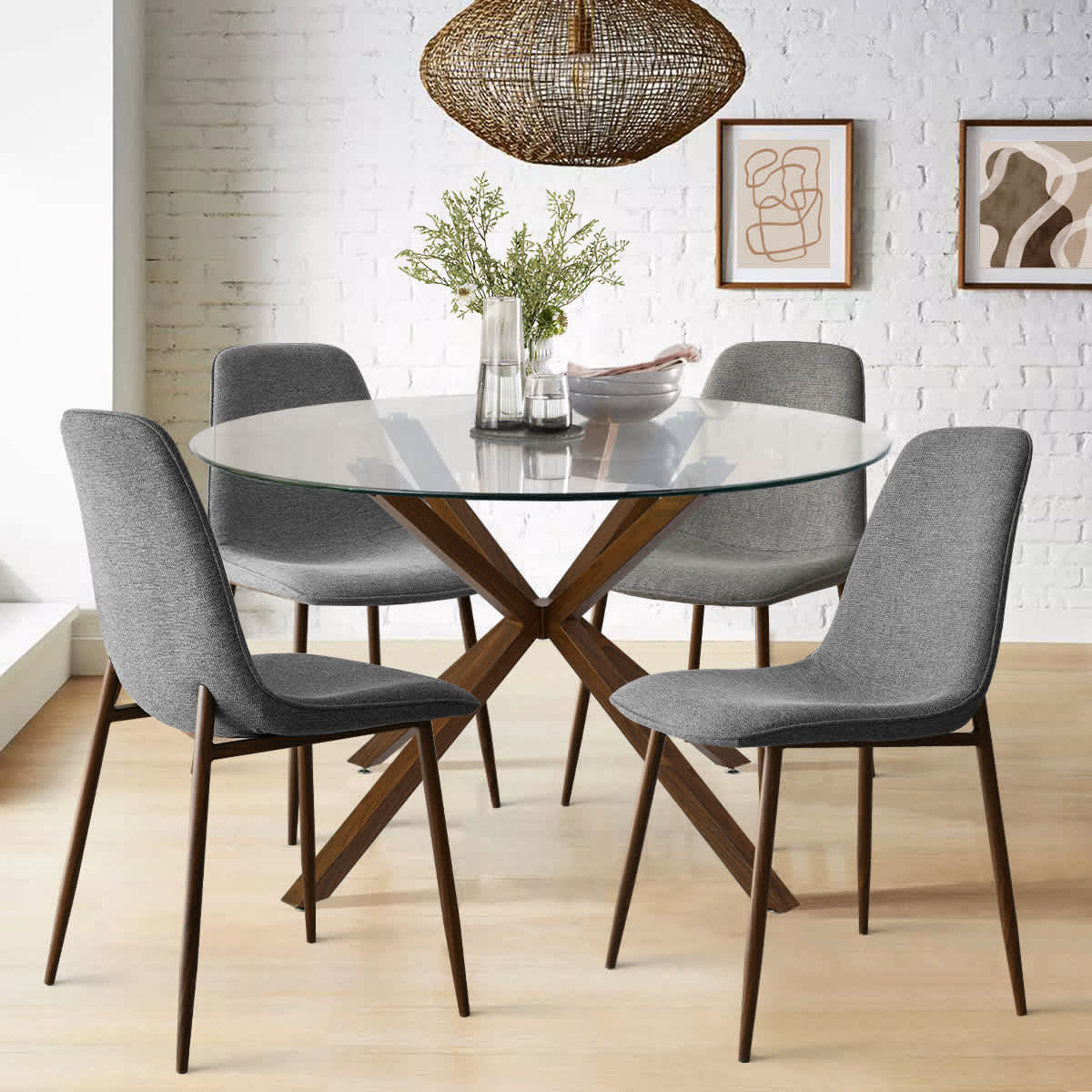 Maison Boucle 5 Piece Round Clear Glass Dining Table Set with 4 Gray Dining Chairs and Walnut Finish Metal Legs
