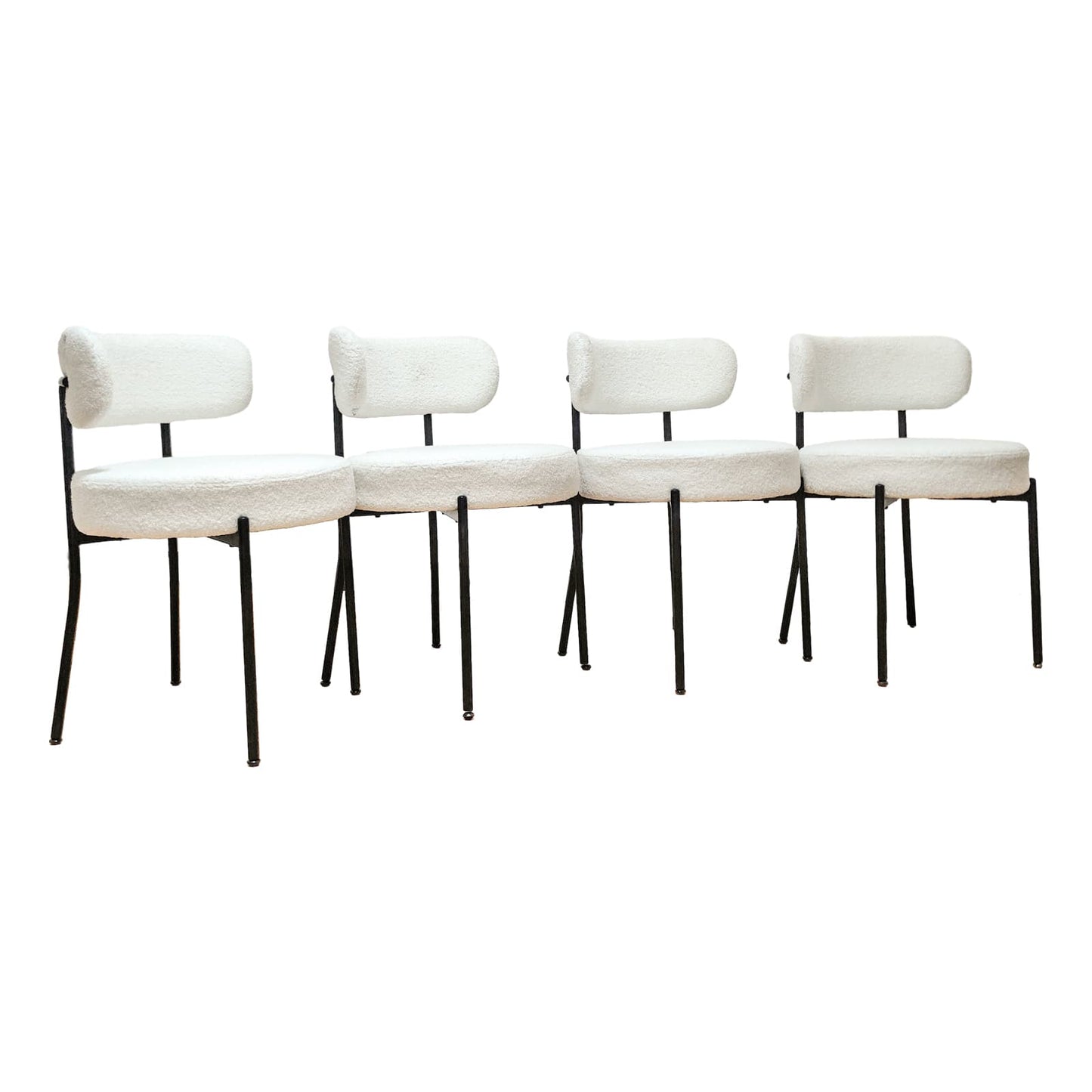 Vynxaria Set of 4 White Mid Century Dining Chairs Boucle Upholstered with Curved Backrest Round Thickened Cushion Black Metal Legs