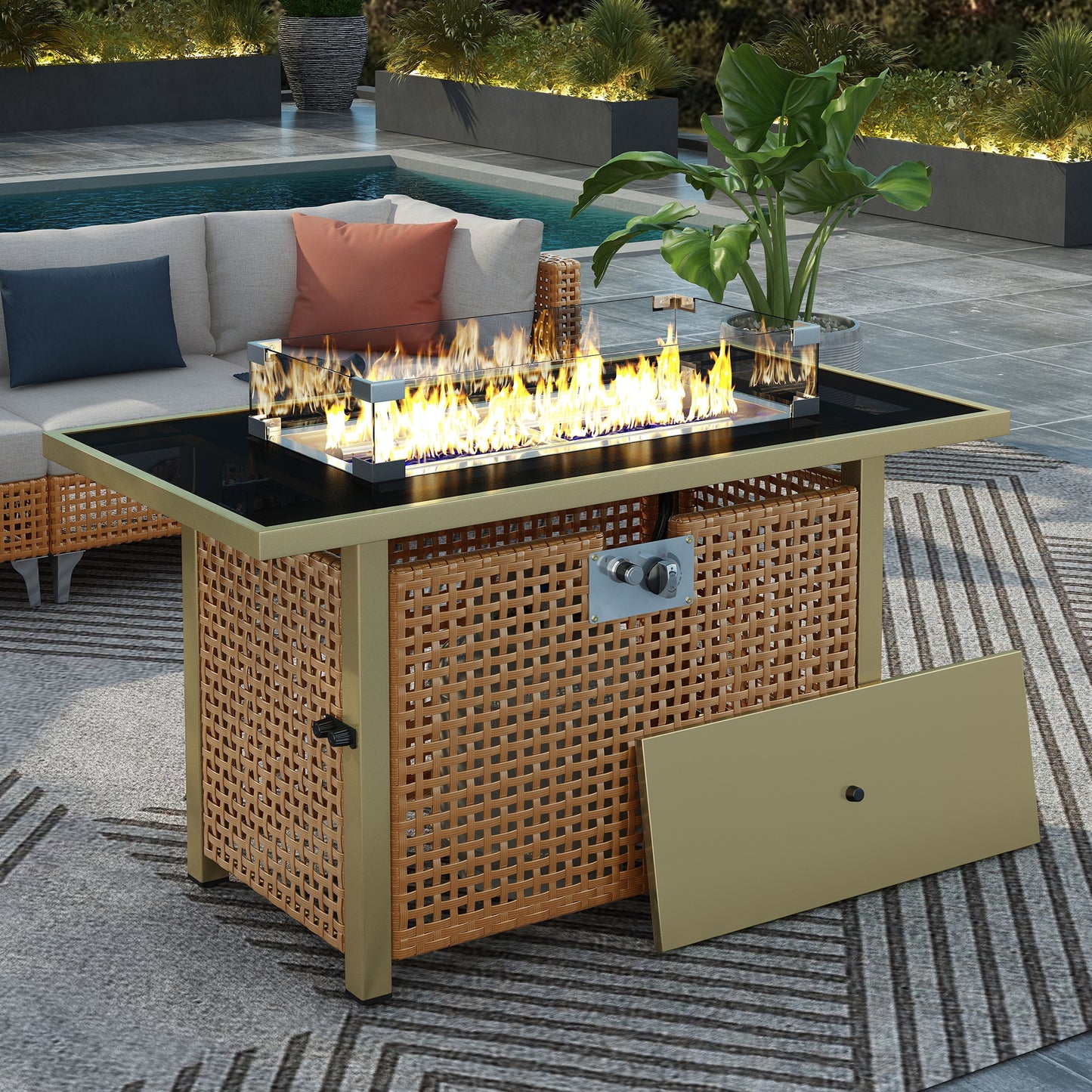 LOVMOR 43 inch Propane Gas Fire Pit Table Rectangular Open Weave Wicker Fire Pit for Outside Patio Deck Garden BackyardYellow