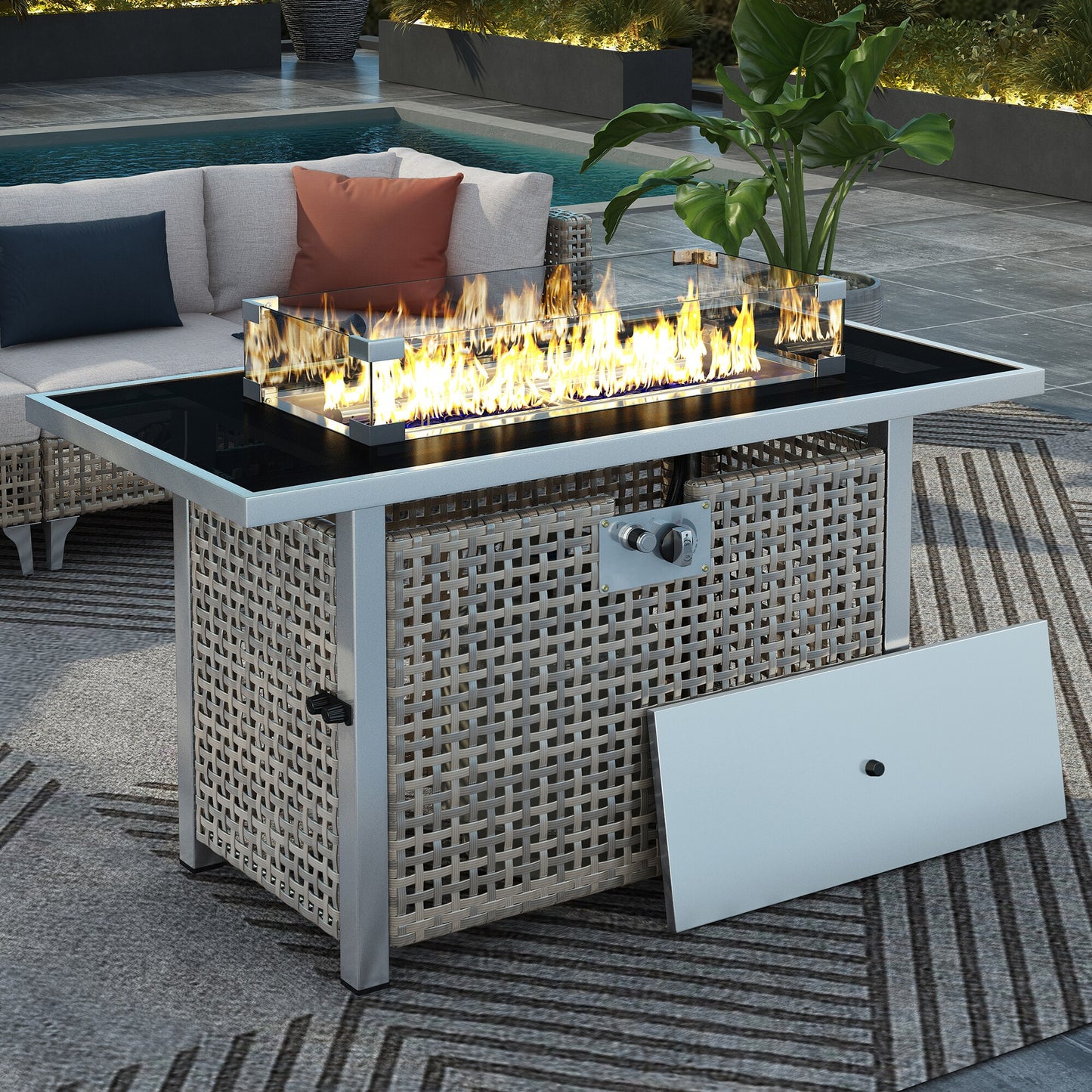 LOVMOR 43 inch Propane Gas Fire Pit Table 60000 BTU Rectangular Open Weave Wicker Fire Pit table Grey