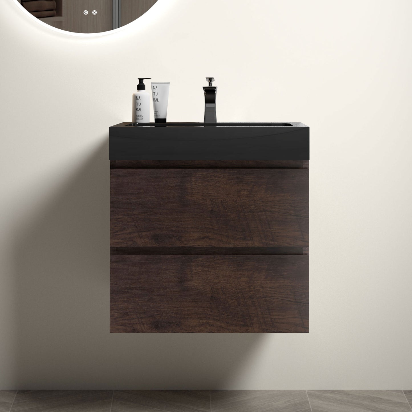 GDFStudio Zenith Modern 24 Inches Walnut Wall Mounted Floating Bathroom Vanity with One-Piece Black Ceramic Sink Basin and Pre-Assembled Large Storage Vanity without Drain and Faucet