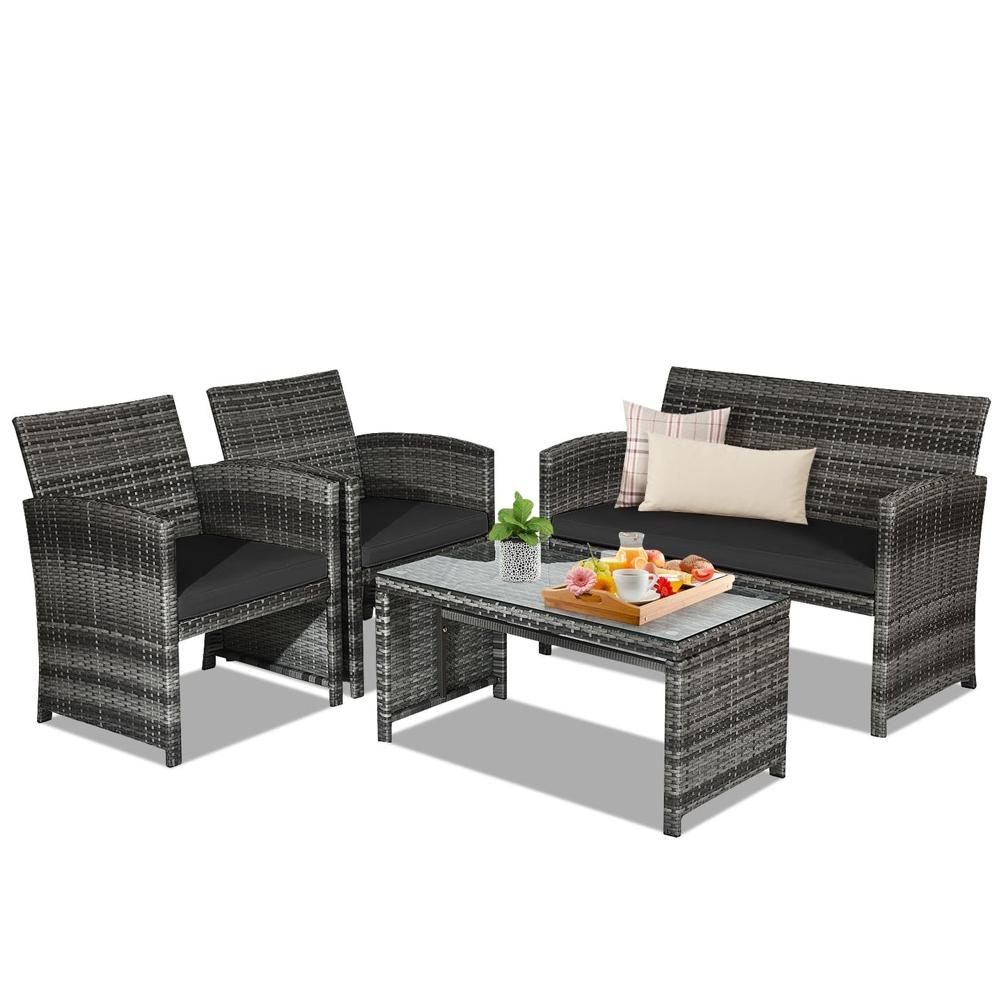 Slickblue 4-Piece- Wicker 1 Loveseat 2 Single Sofa Patio Conversation Set with Cushions and 1 Tempered Glass Table for Patio Porch Garden Poolside- White/ Red/ Turquoise/ Black/ Navy/ Gray