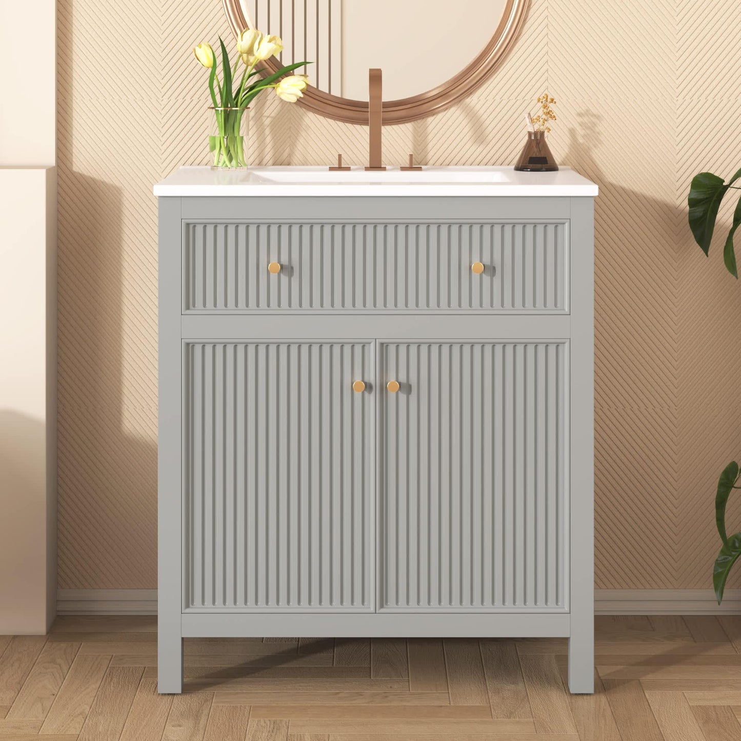 Vynxaria 30 inch Freestanding Single Bathroom Vanity with Ceramic Sink Soft Closing Doors Modern Style Grey