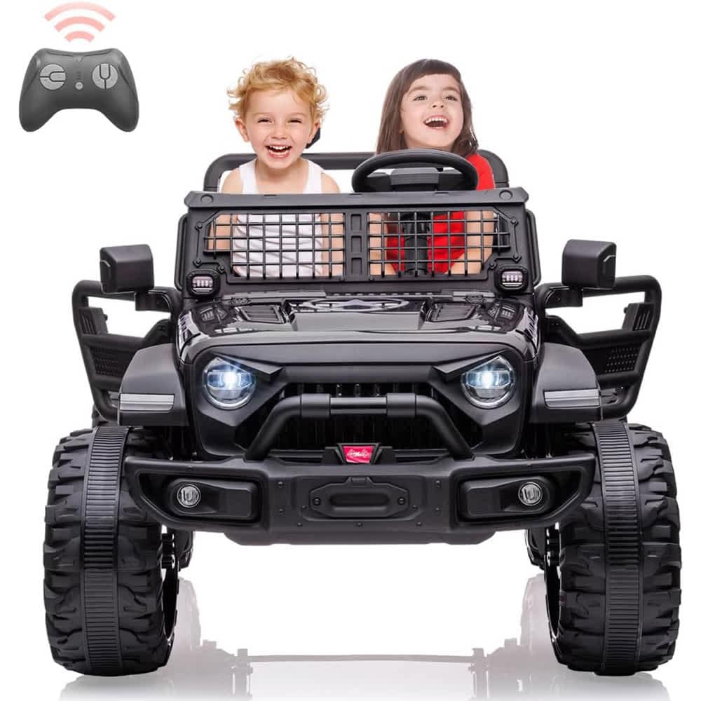 Qeetex 24V Kids Ride On Truck with Remote Control 2 Seater Electric Car with 20 Inch Wide Seat Black