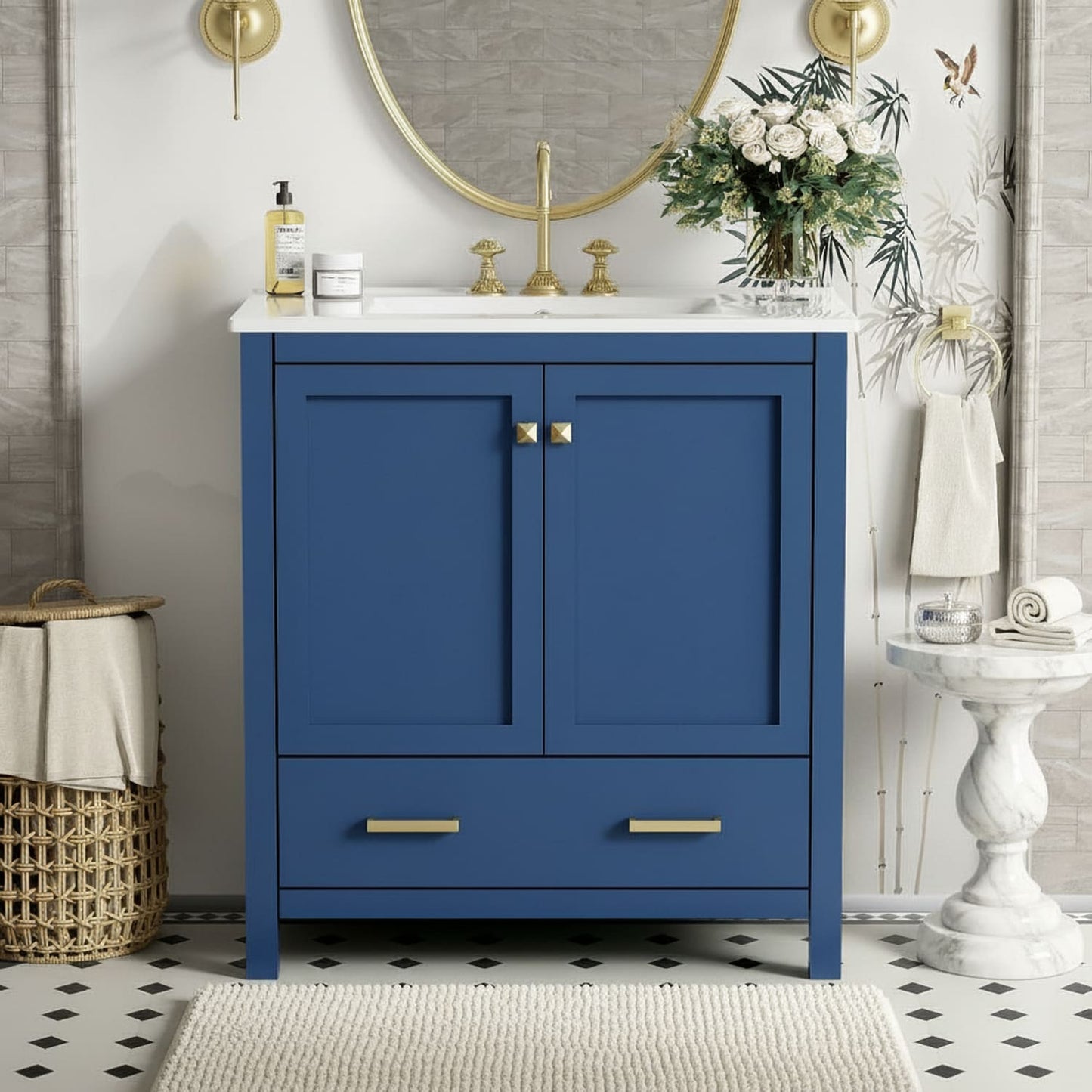 Homy Casa 30 Inch Blue Bathroom Vanity with Single Sink Solid Wood Cabinet with Two Doors One Drawer Soft Closing and Undermount Basin for Bathroom Storage