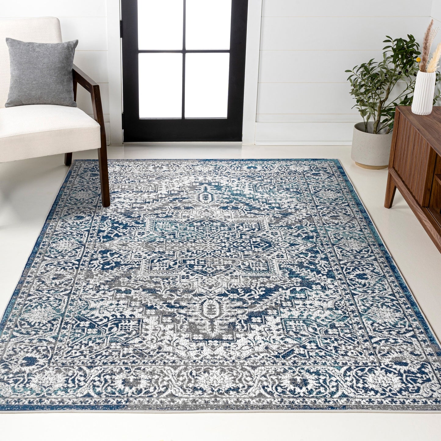 JONATHAN Y MODERN PERSIAN Vintage 12 x 15 (ft) Loomed Polypropylene Navy/Light Gray Rectangular Indoor Medallion Persian Spot Clean Only Pet Friendly Area rug