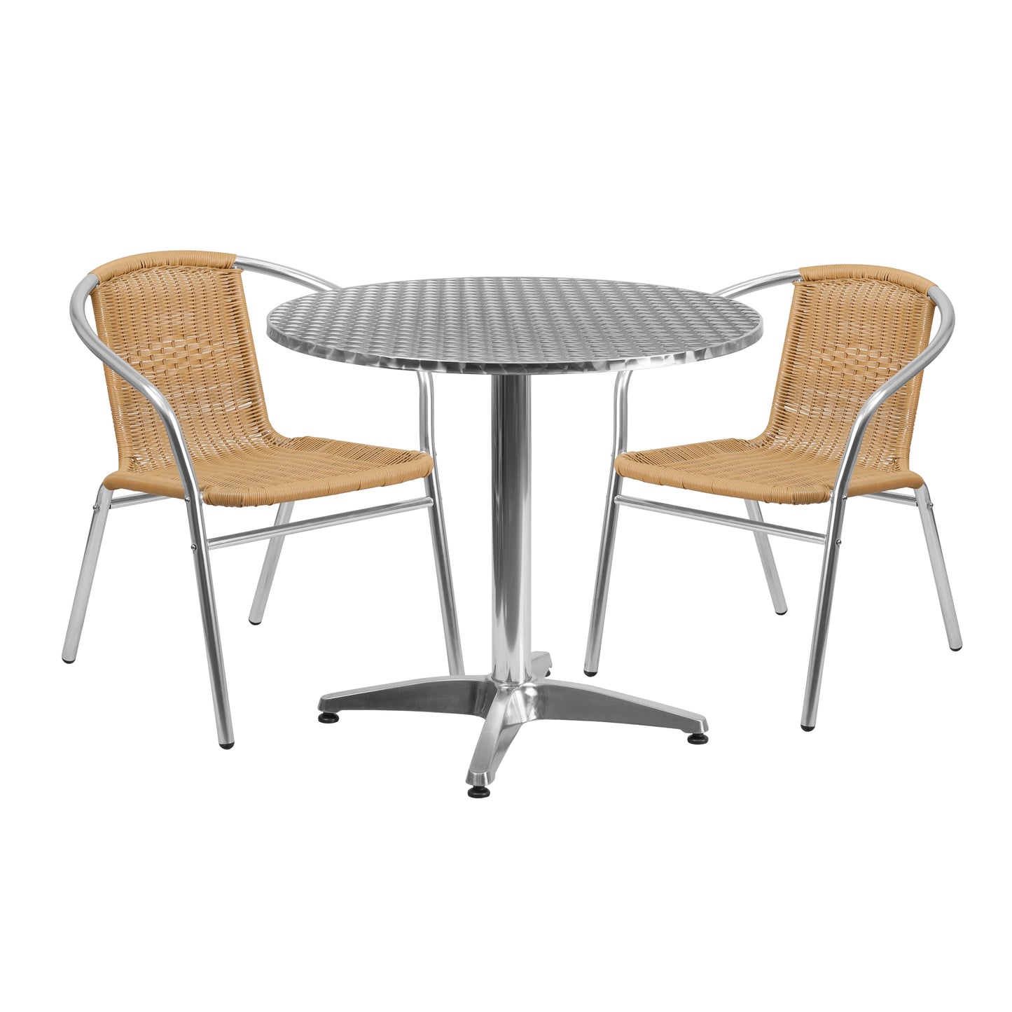 Emma + Oliver 31.5-in Round Aluminum Table Set-2 Beige Rattan Chairs