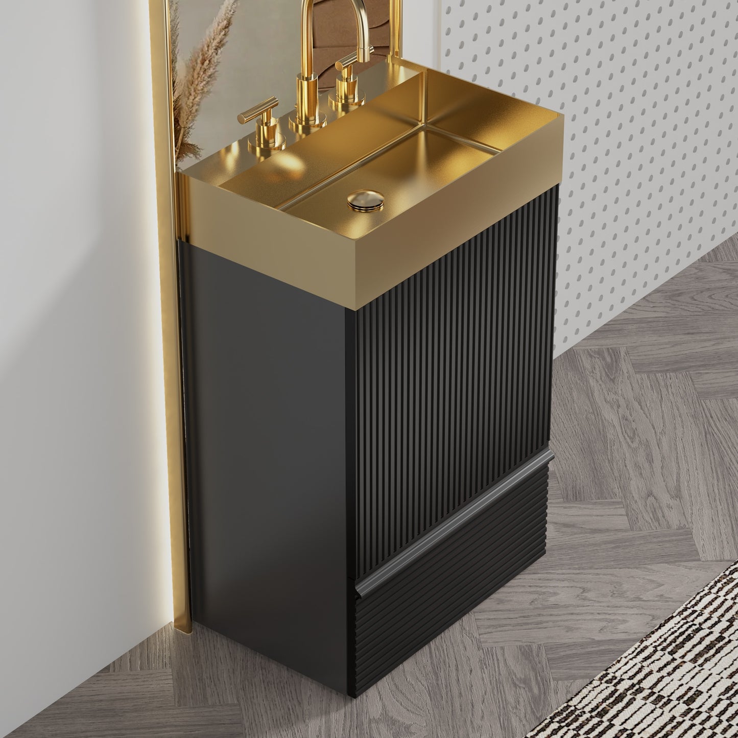 GDFStudio Gada 20-inch Contemporary Freestanding Bathroom Vanity with Brushed Gold Stainless Steel Sink - Striped Matte Black