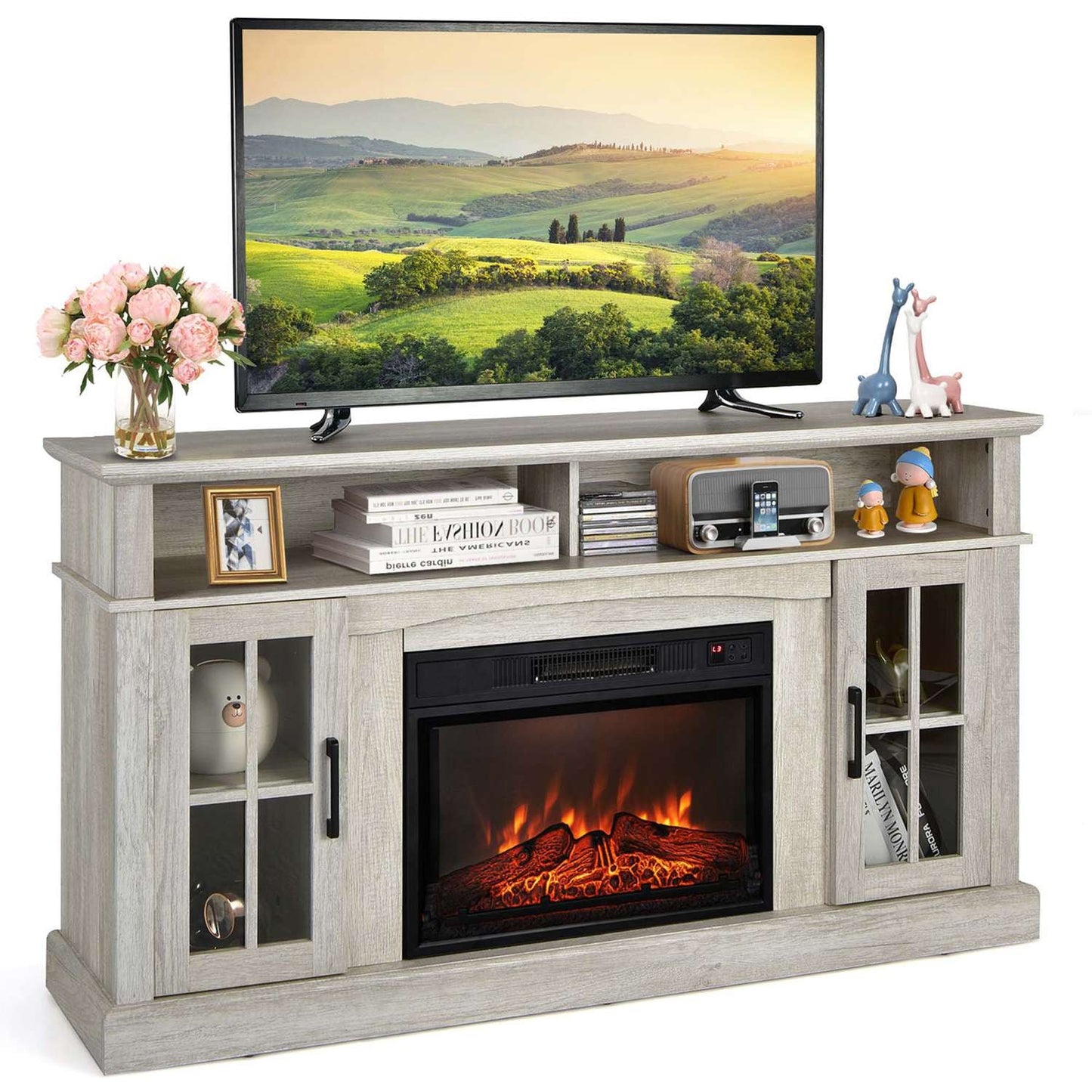 Costway 58 inches Fireplace TV Stand With 1400W Electric Fireplace for TVs up to 65 Inches Grey