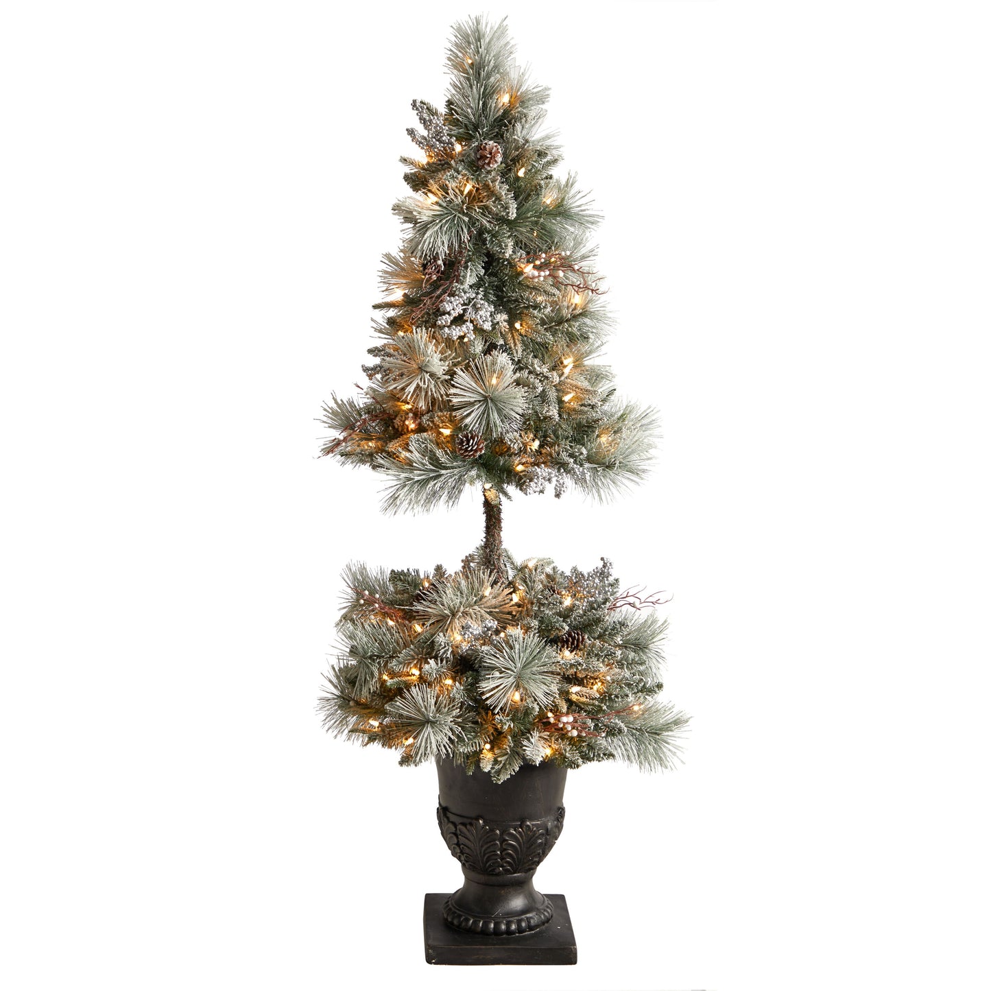 Nearly Natural 5-ft Flocked Artificial Porch Christmas Tree with 100 LED Lights and 186 Bendable Branches in Decorative Urn