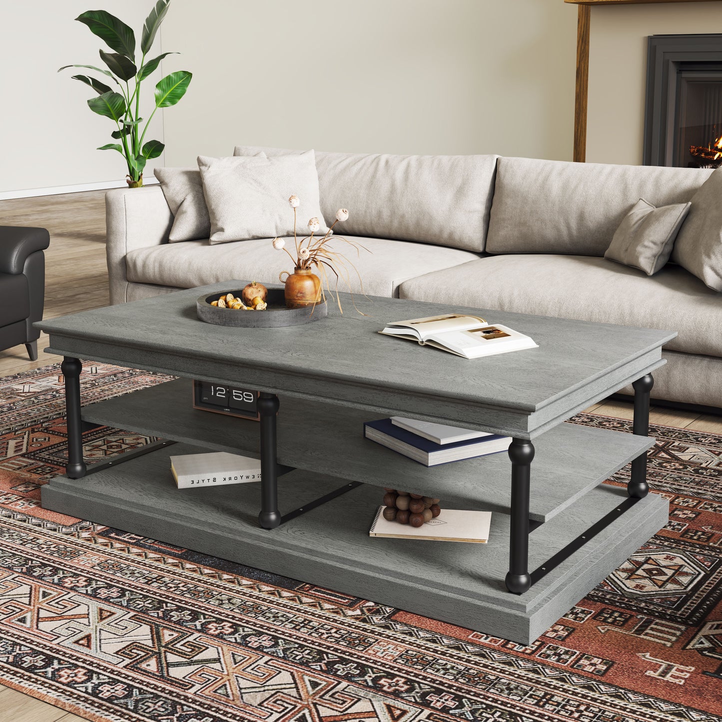 Christopher Knight Home Vivian Gray 55 Inch Wood Coffee Table Black Legs 2 Open Storage Shelves